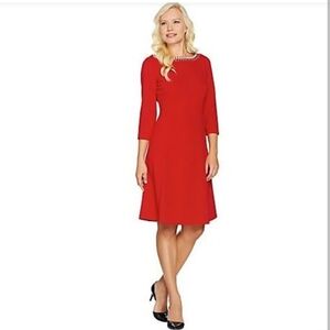 Elegant Red Dress with Embellished Neckline by Dennis Basso SZ: 10